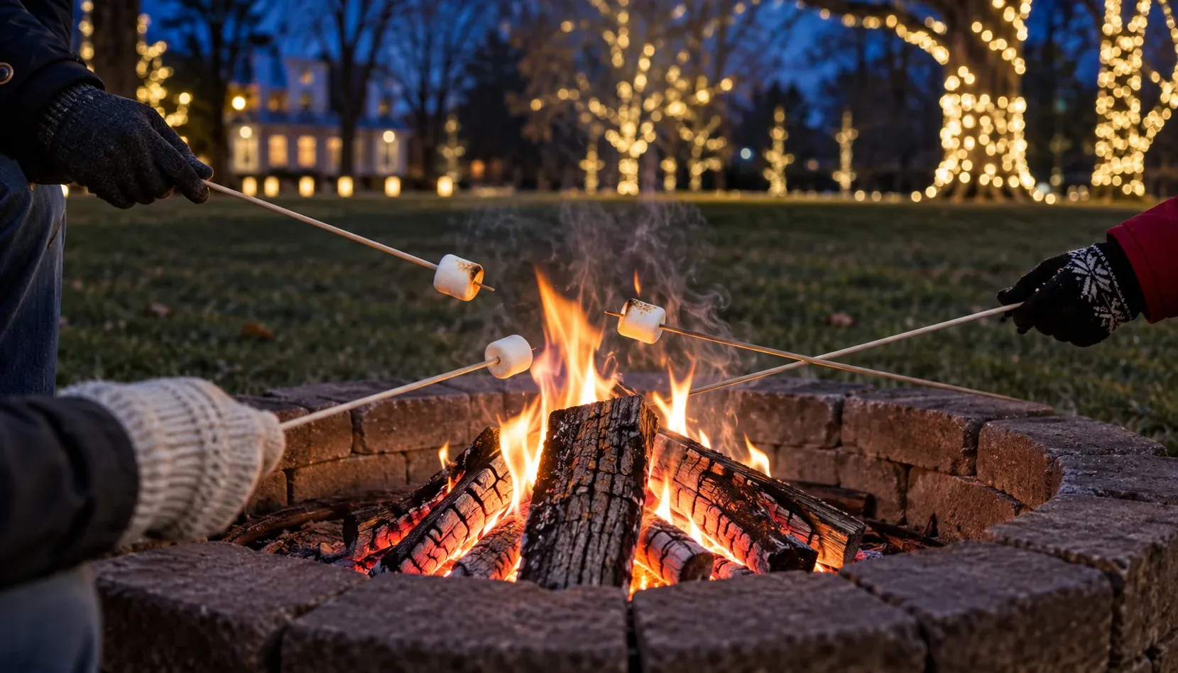 Marshmallows roasting over a contained outdoor campfire with holiday lights in the background.
